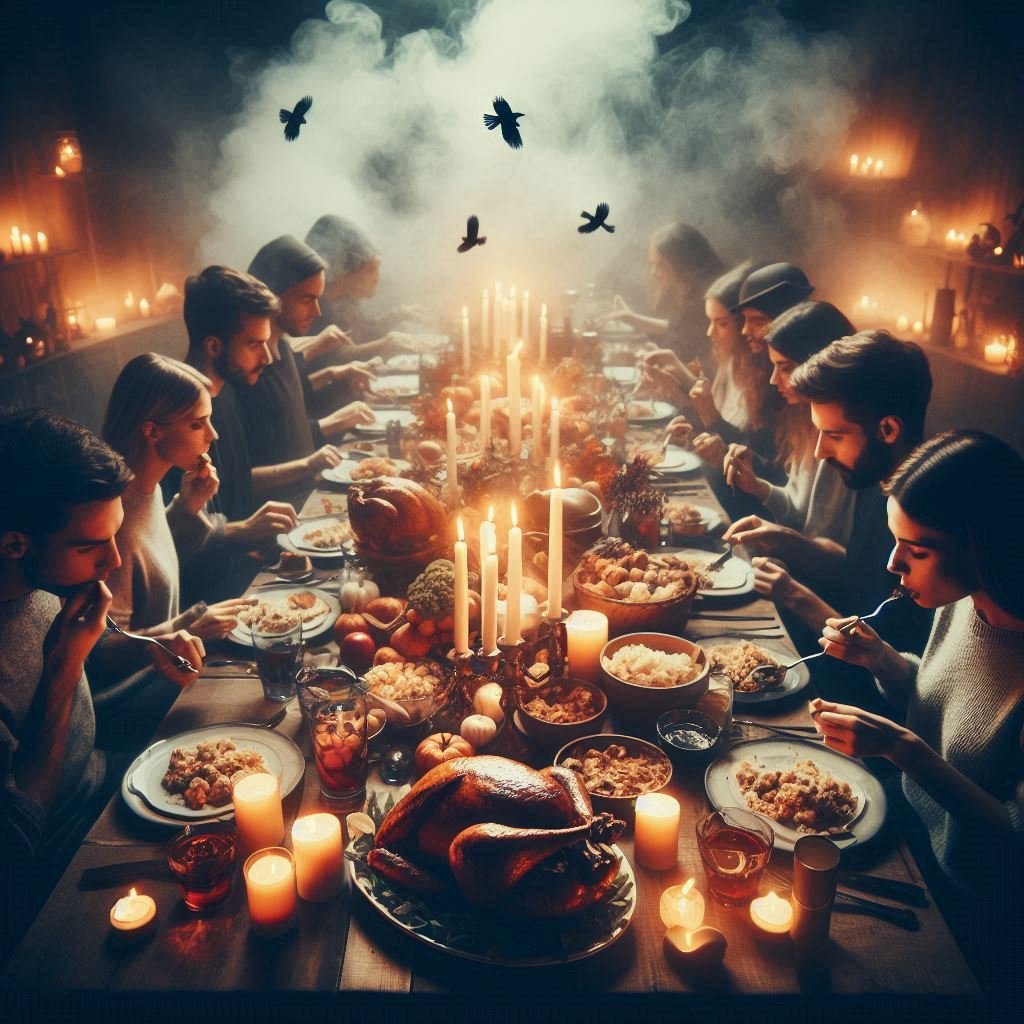 A long table full of Thanksgiving food, with a lot of turkey and other feast, candles, and other stuff where all family members are happily eating food, with a highly cinematic, horror vibe, low light,